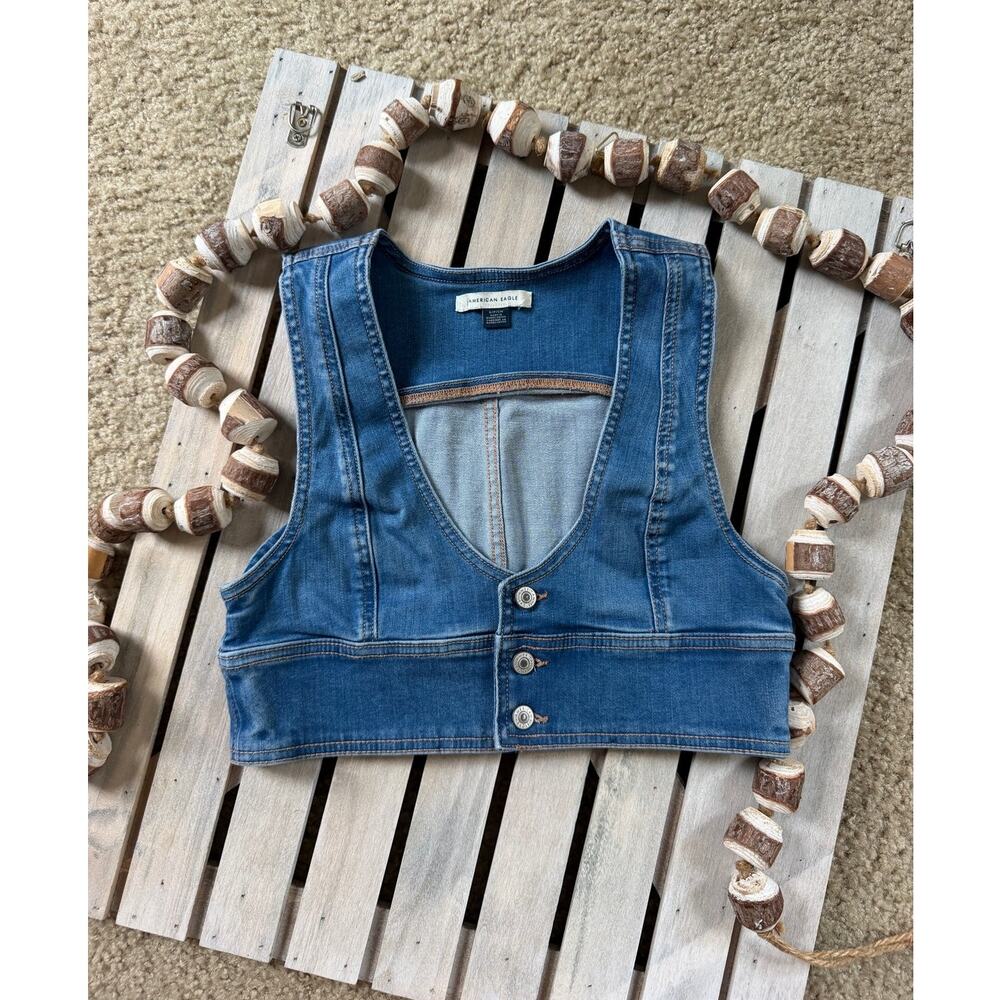Y2K American Eagle Jean Denim Cropped Button Vest, S